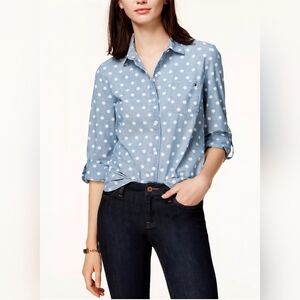 Tommy Hilfiger Chambray Blue Polka Dot Roll-Tab Utility Shirt, NWT, Small